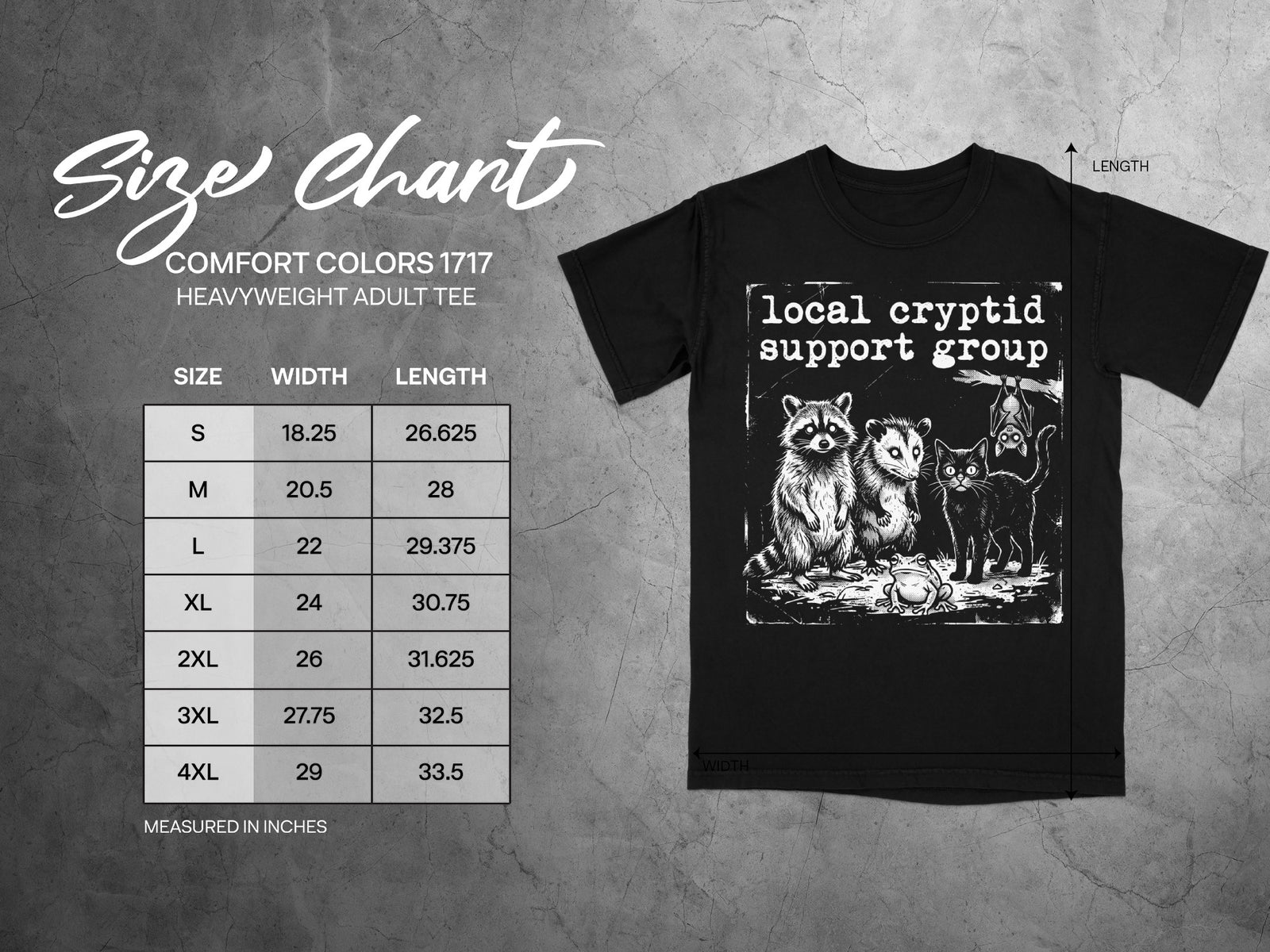 Size chart for Comfort Colors 1717 heavyweight adult tee with cryptid graphic.