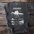 Spinosaurus dinosaur with labeled anatomy including sail, long snout, and paddle tail.