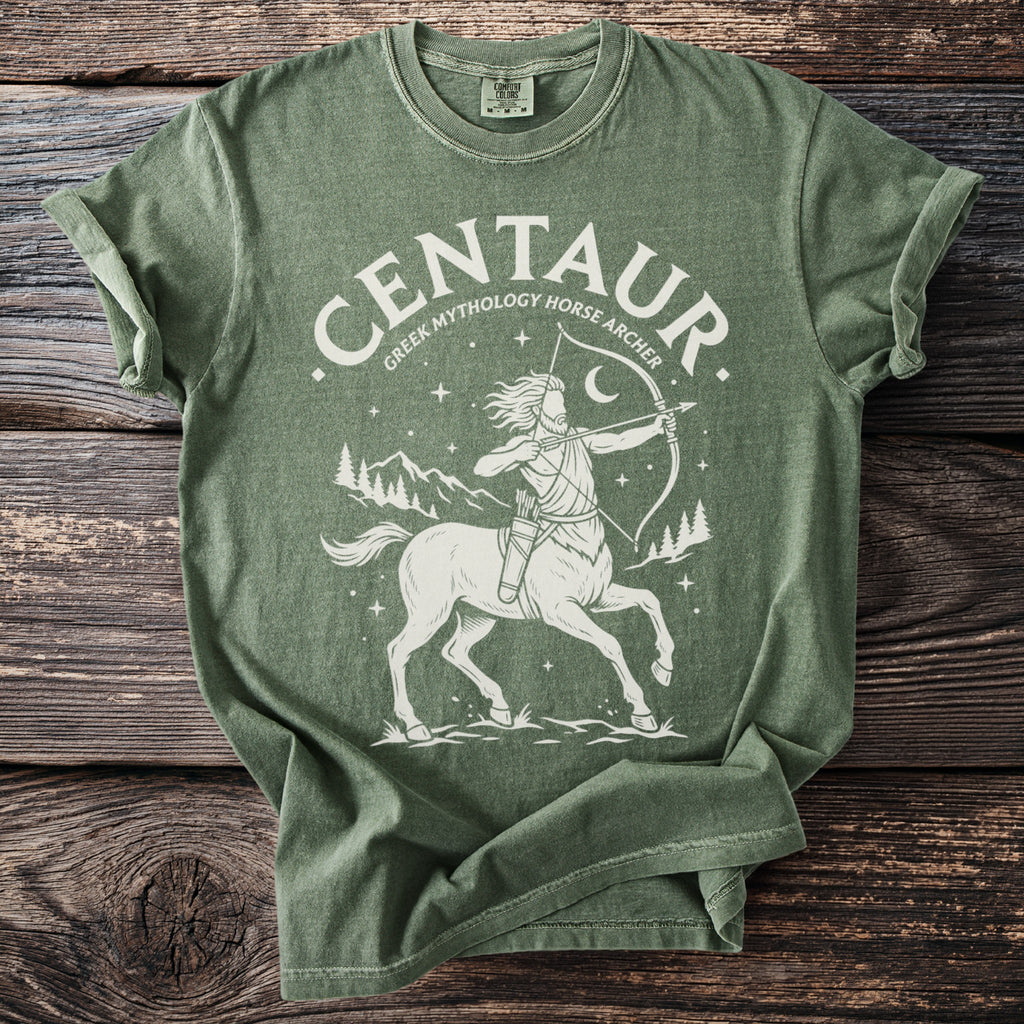 Green t-shirt with "Centaur Greek Mythology Horse Archer" text and graphic.