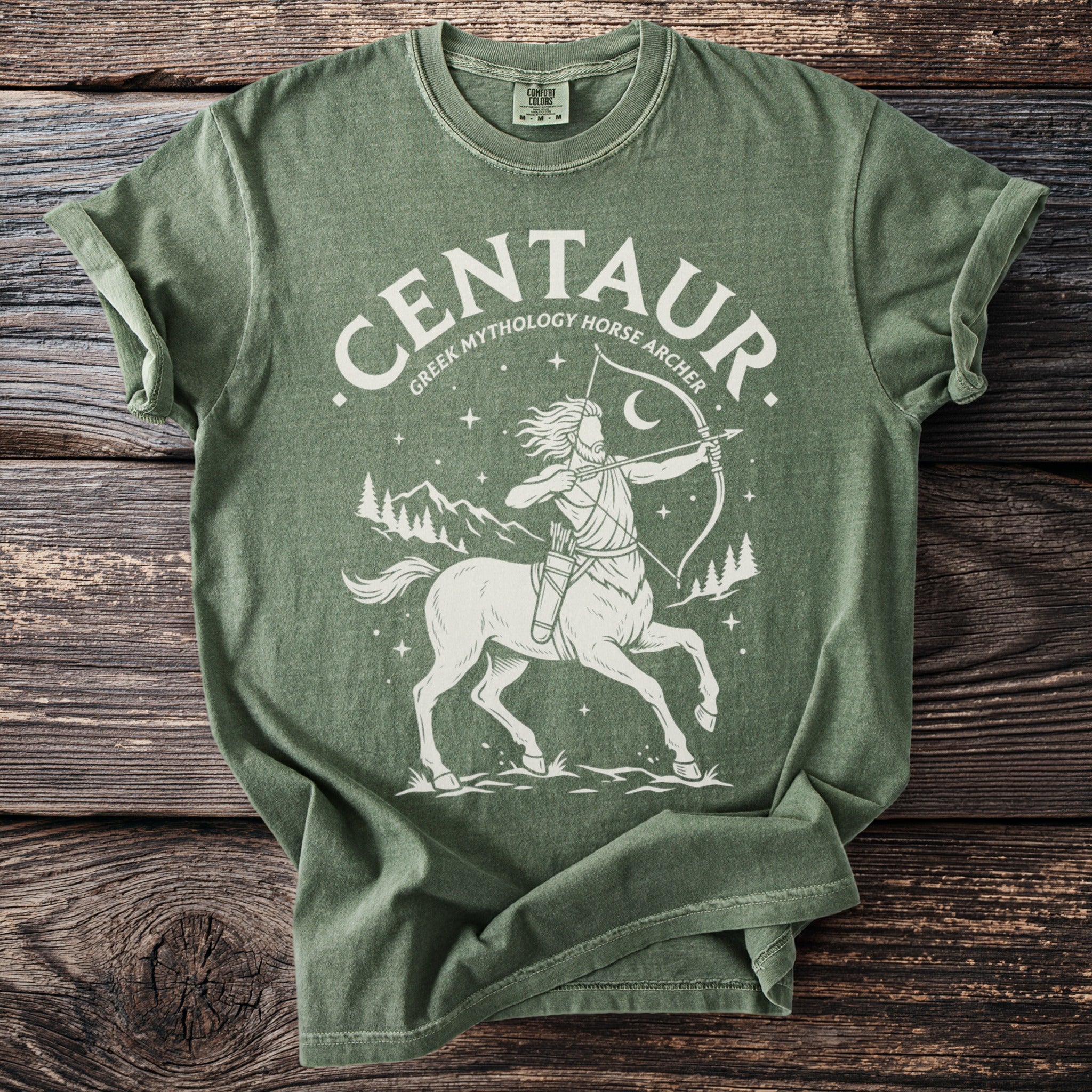 Green t-shirt with "Centaur Greek Mythology Horse Archer" text and graphic.