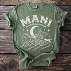 Green shirt with white graphic of Mani, norse moon god in a chariot pulled by horses.