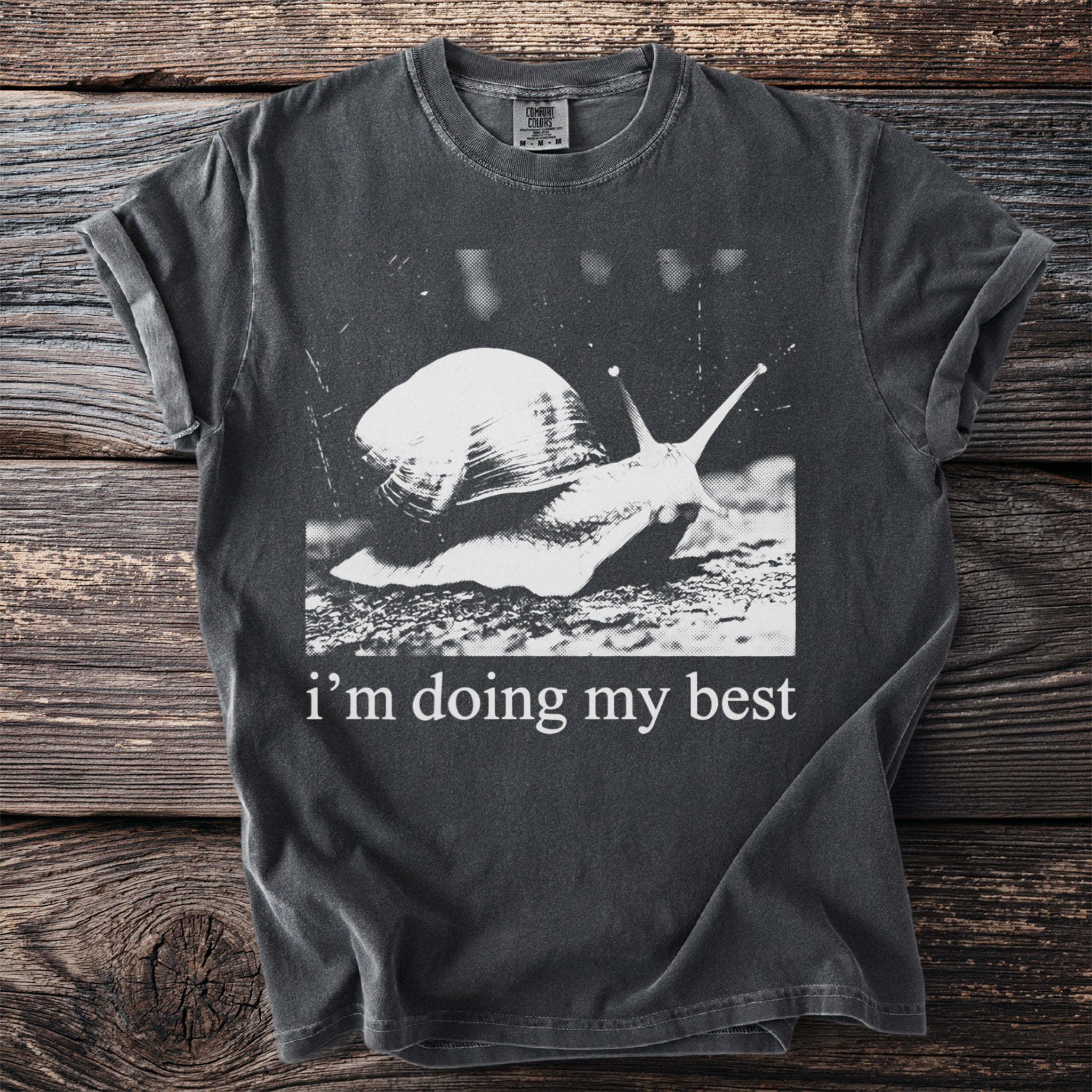 Dark gray t-shirt with a black and white graphic of a snail and the text "i'm doing my best".