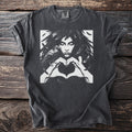 Charcoal t-shirt with black and white gothic graphic of woman with raven and heart hands.