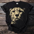 Black t-shirt with a close-up gold cheetah face print and Comfort Colors label.