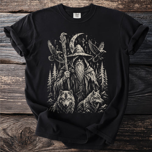 Black t-shirt with a graphic of a wizard, wolves, ravens, and runes.