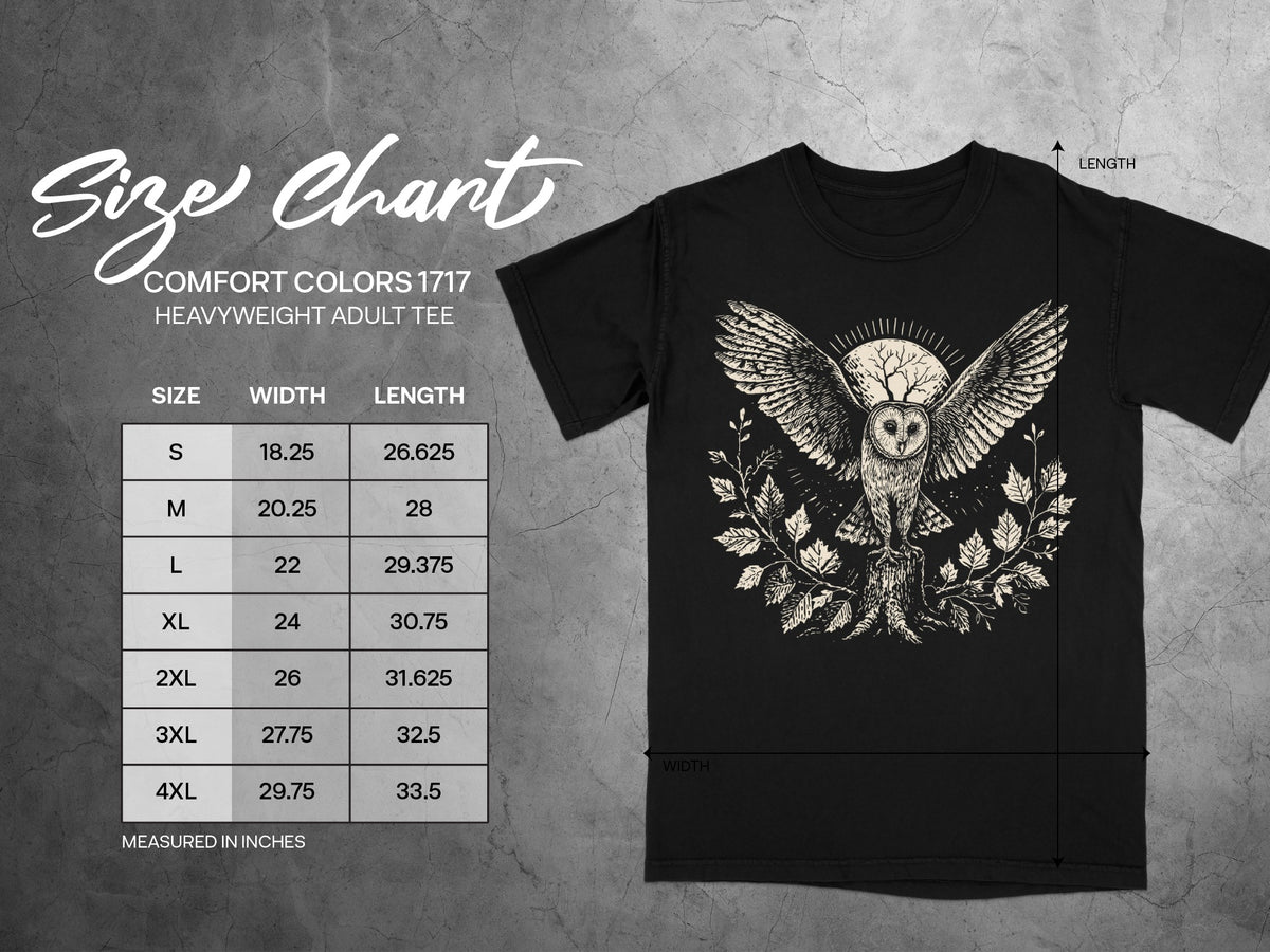 Comfort Colors 1717 heavyweight adult tee size chart with owl graphic.