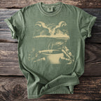 Green t-shirt with a distressed graphic of a frog holding a coffee cup.