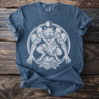 Blue t-shirt with white werewolf and moon graphic and Comfort Colors tag.