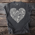 Dark gray t-shirt with a white heart-shaped bat and floral filigree design.