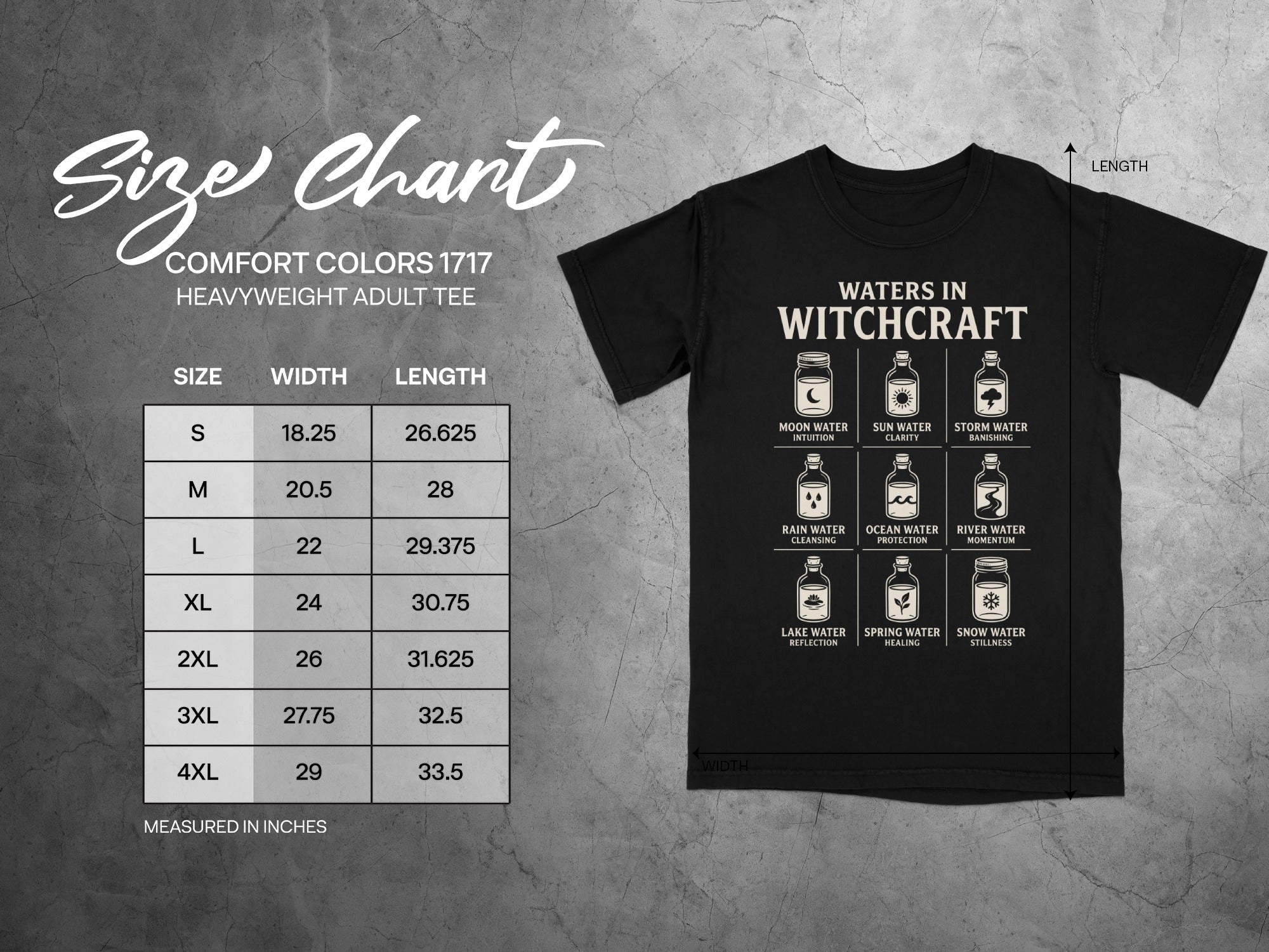 Comfort Colors 7117 size chart for heavyweight adult tee including width and length measurements.