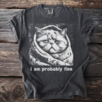Dark grey t-shirt with a grumpy cat wrapped in a blanket printed on it with text.