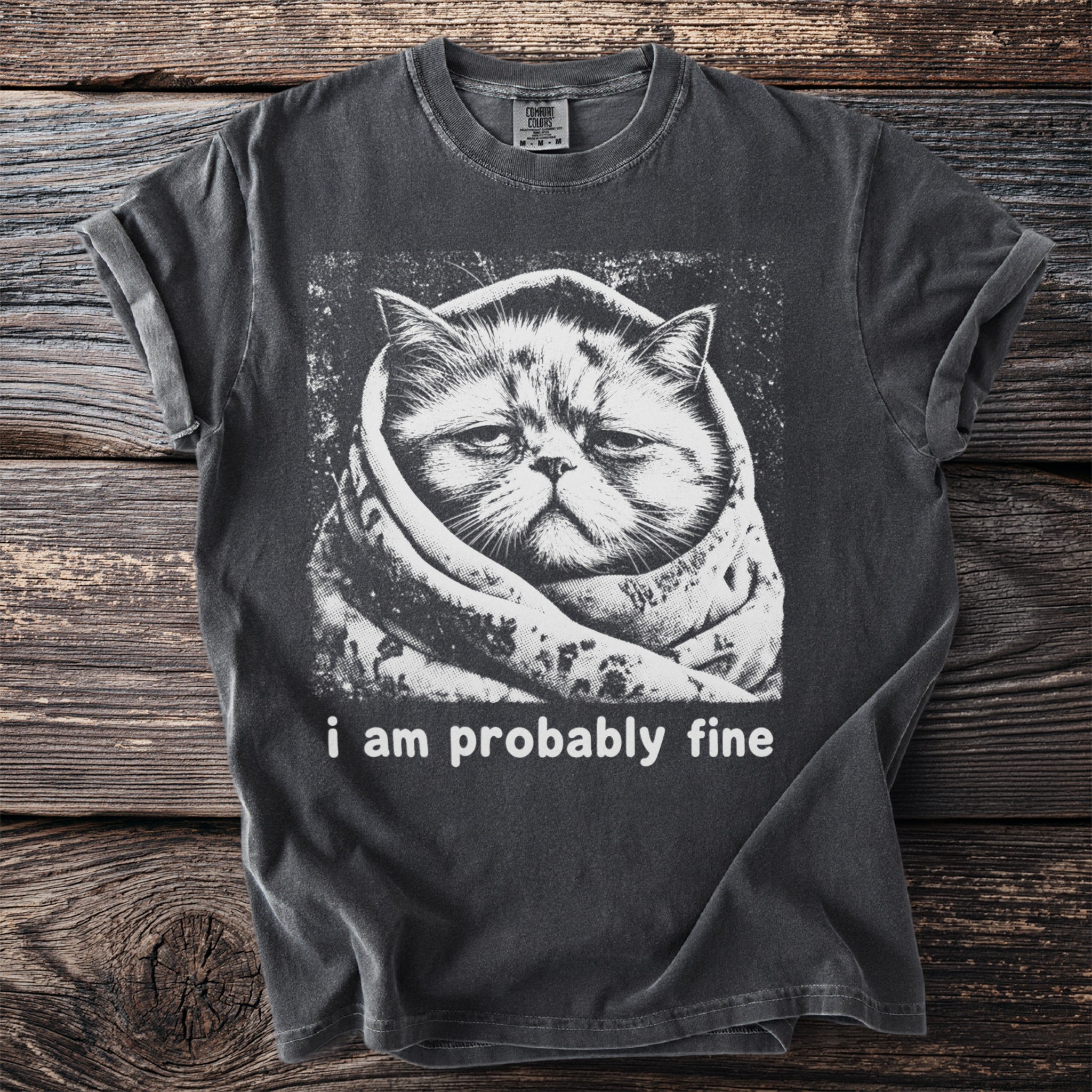 Dark grey t-shirt with a grumpy cat wrapped in a blanket printed on it with text.