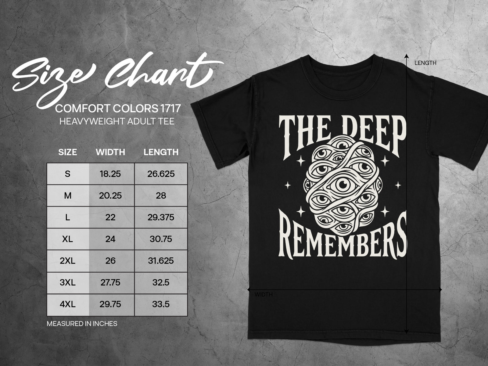 Comfort Colors 1717 heavyweight adult tee size chart with width and length measurements in inches.