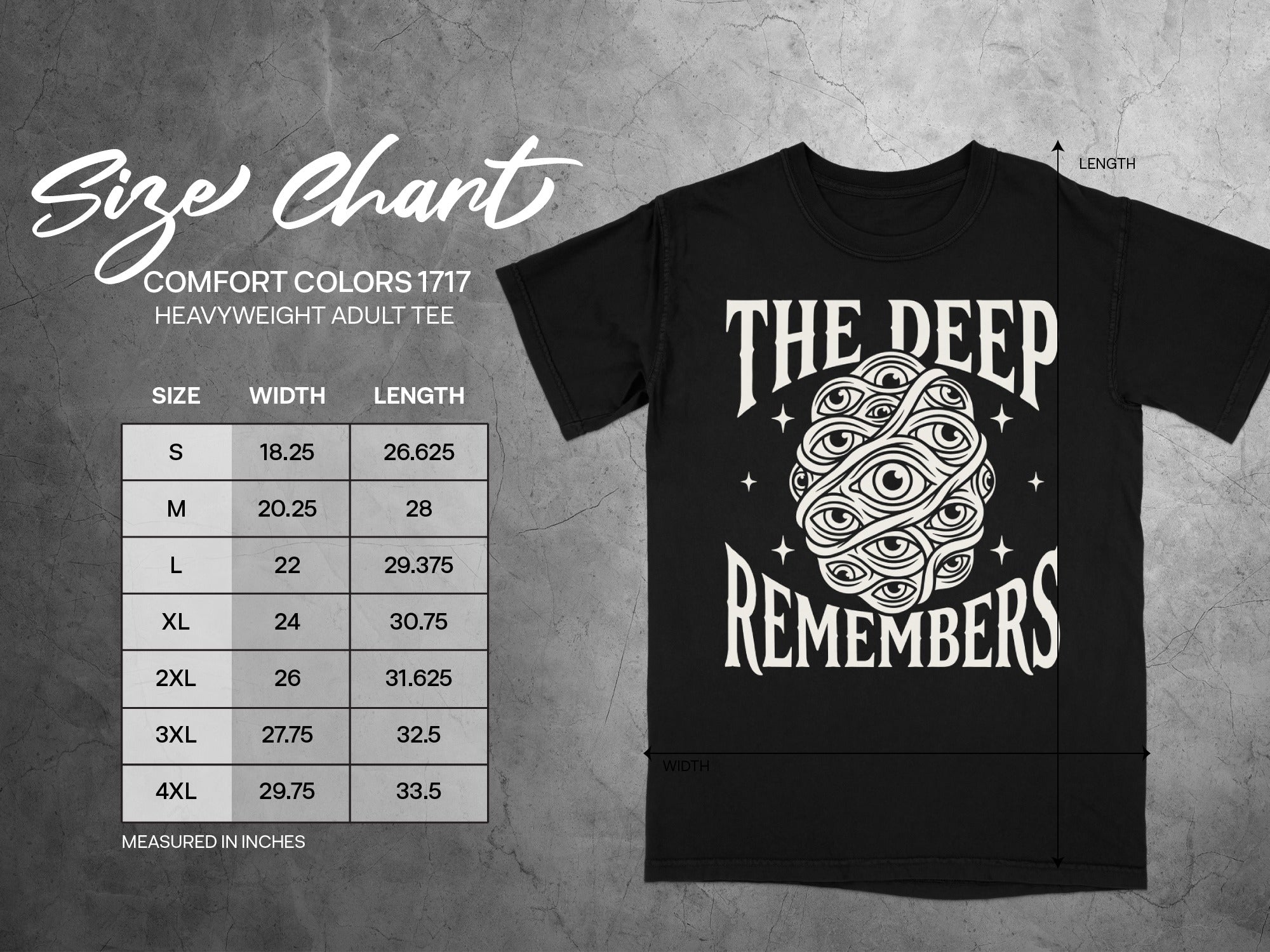 Comfort Colors 1717 heavyweight adult tee size chart with width and length measurements in inches.