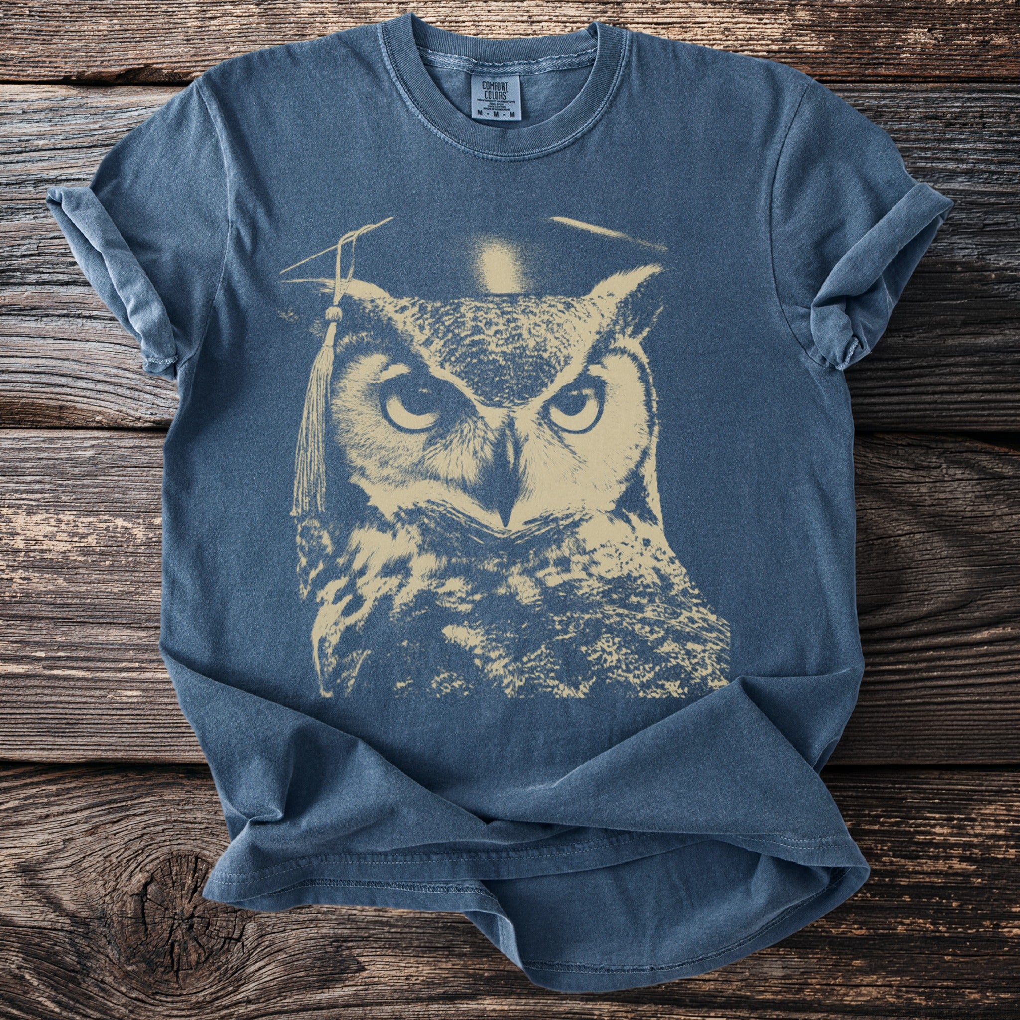 Blue t-shirt with a faded beige graphic of an owl wearing a graduation cap.