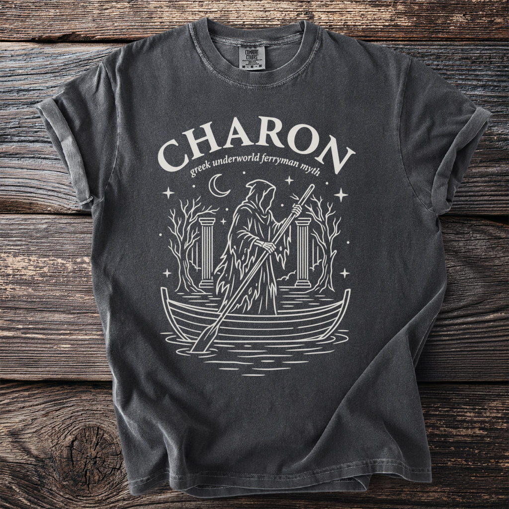 Charon Greek underworld ferryman myth t-shirt with grim reaper in boat.