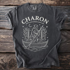 Charon Greek underworld ferryman myth t-shirt with grim reaper in boat.