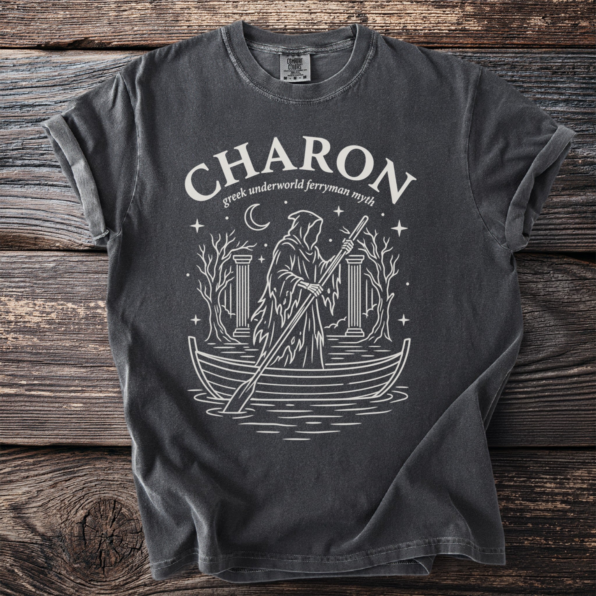 Charon Greek underworld ferryman myth t-shirt with grim reaper in boat.