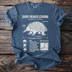 Blue t-shirt with Short-Beaked Echidna illustration and biological facts.