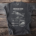 T-shirt graphic detailing American Crow anatomy, traits, and skull.