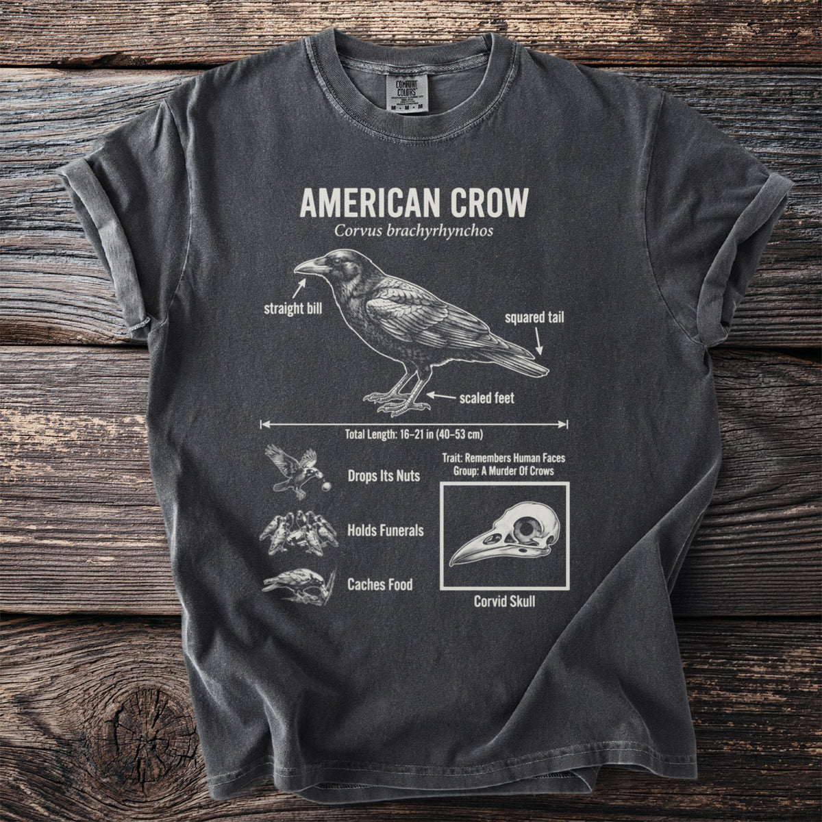 T-shirt graphic detailing American Crow anatomy, traits, and skull.
