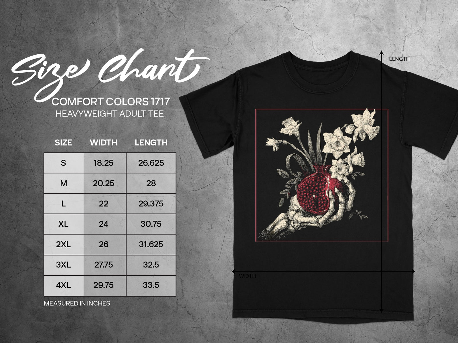 Comfort Colors 1717 heavyweight adult tee size chart with measurements in inches.