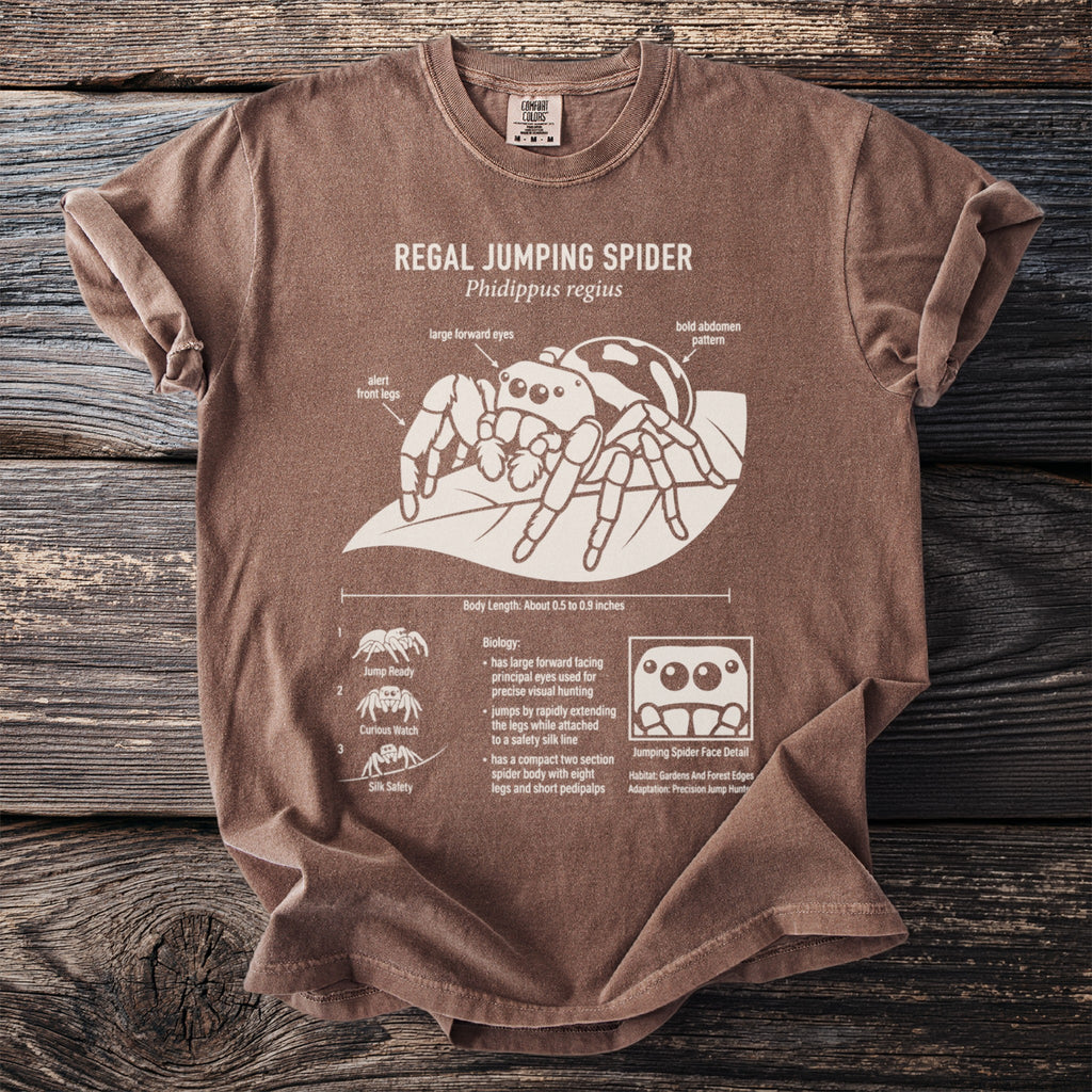 Brown t-shirt with white graphic of Regal Jumping Spider, called Phidippus regius.