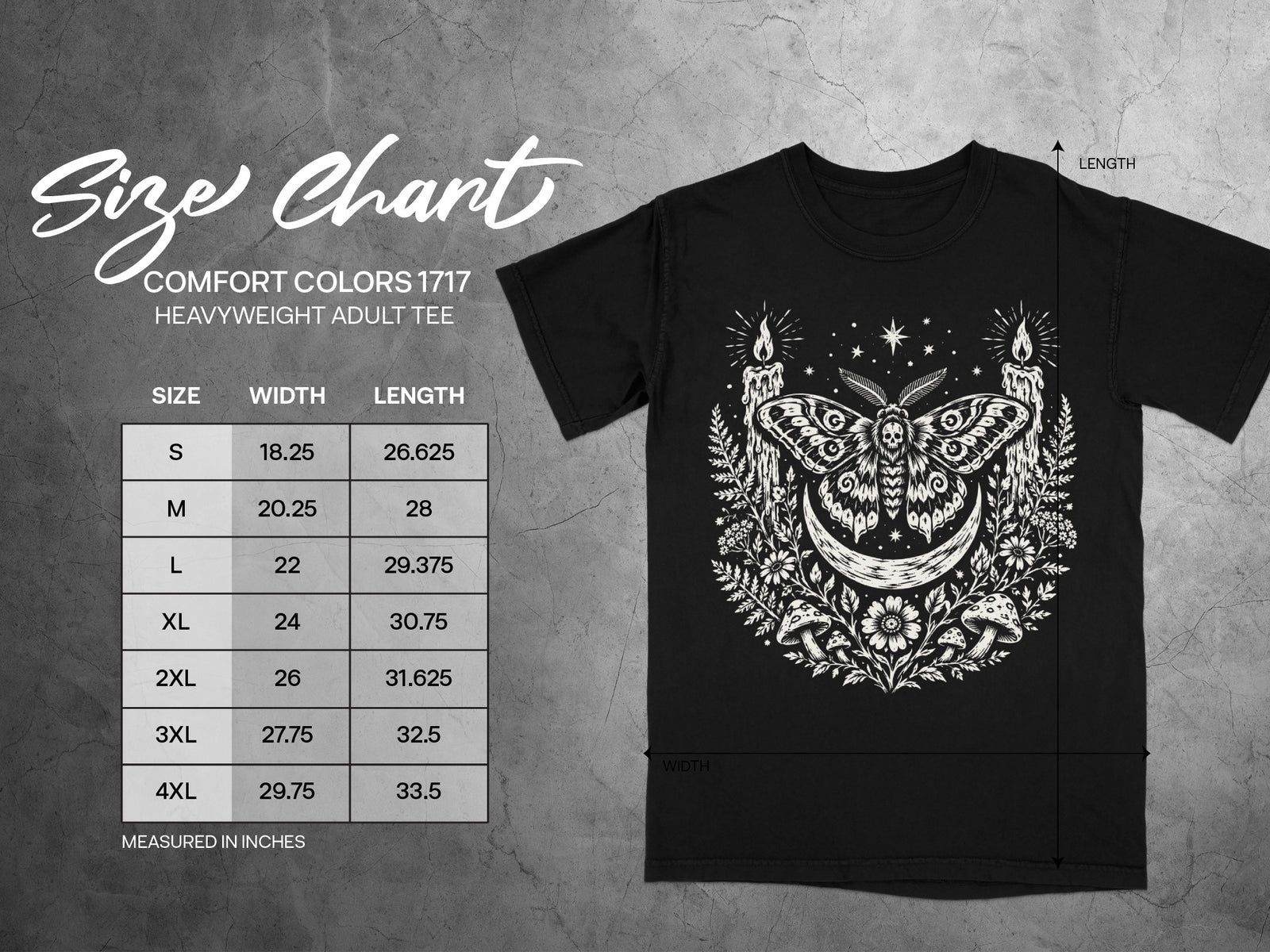 Comfort Colors 1717 heavyweight adult tee size chart in inches with width and length measurements.