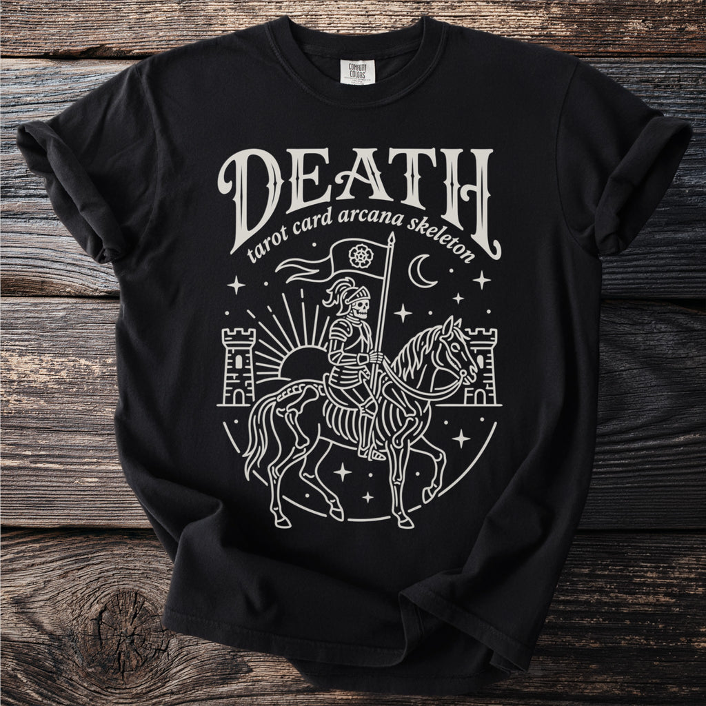 Black t-shirt with "Death tarot card arcana skeleton" text and knight skeleton on horse.