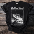 Black t-shirt with "The Wow! Signal" and a radio telescope, August 15, 1977.