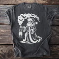 Skeleton in Santa hat holding a lantern with bats and snowflakes.