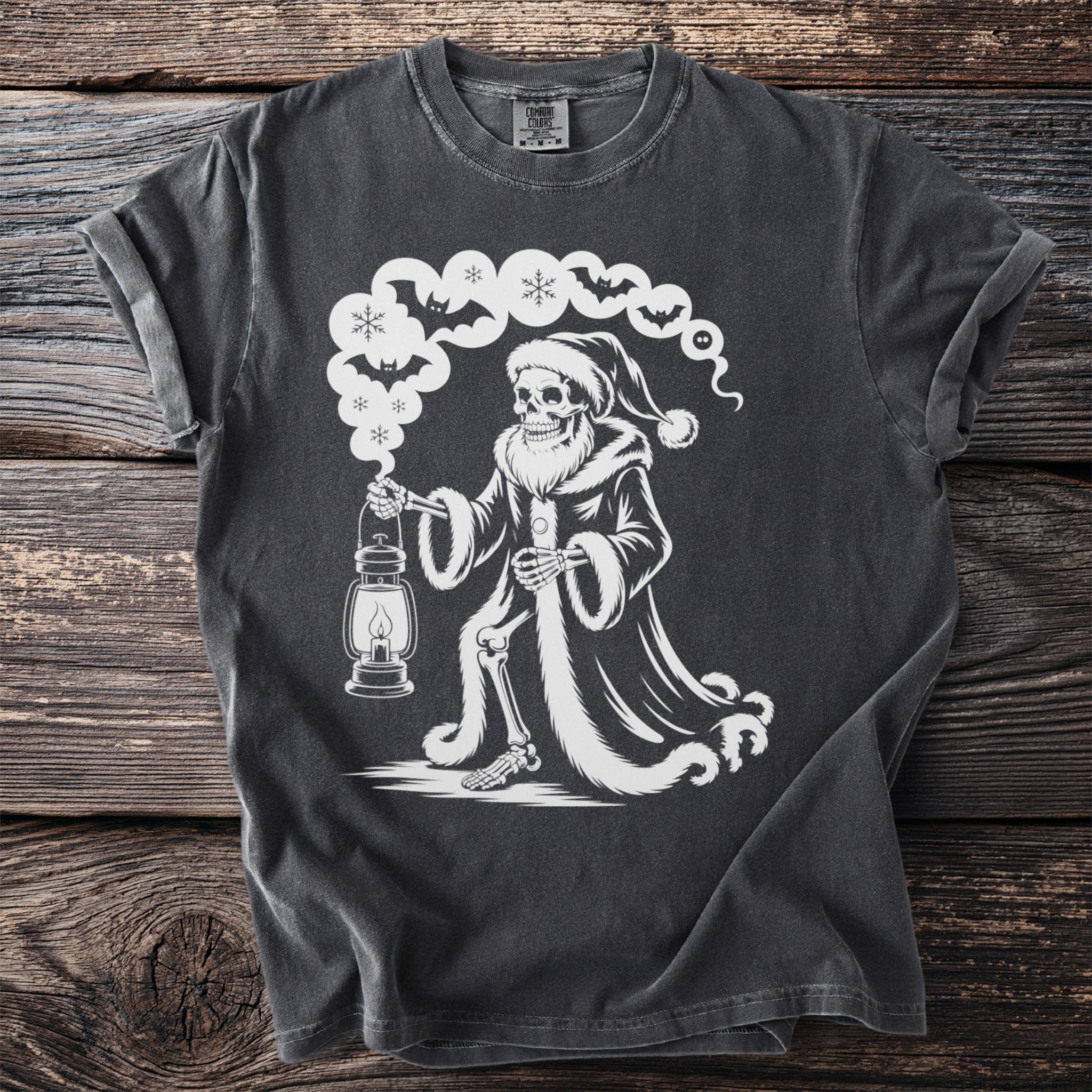 Skeleton in Santa hat holding a lantern with bats and snowflakes.