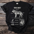 Black t-shirt with gray wolf illustration and biological facts.