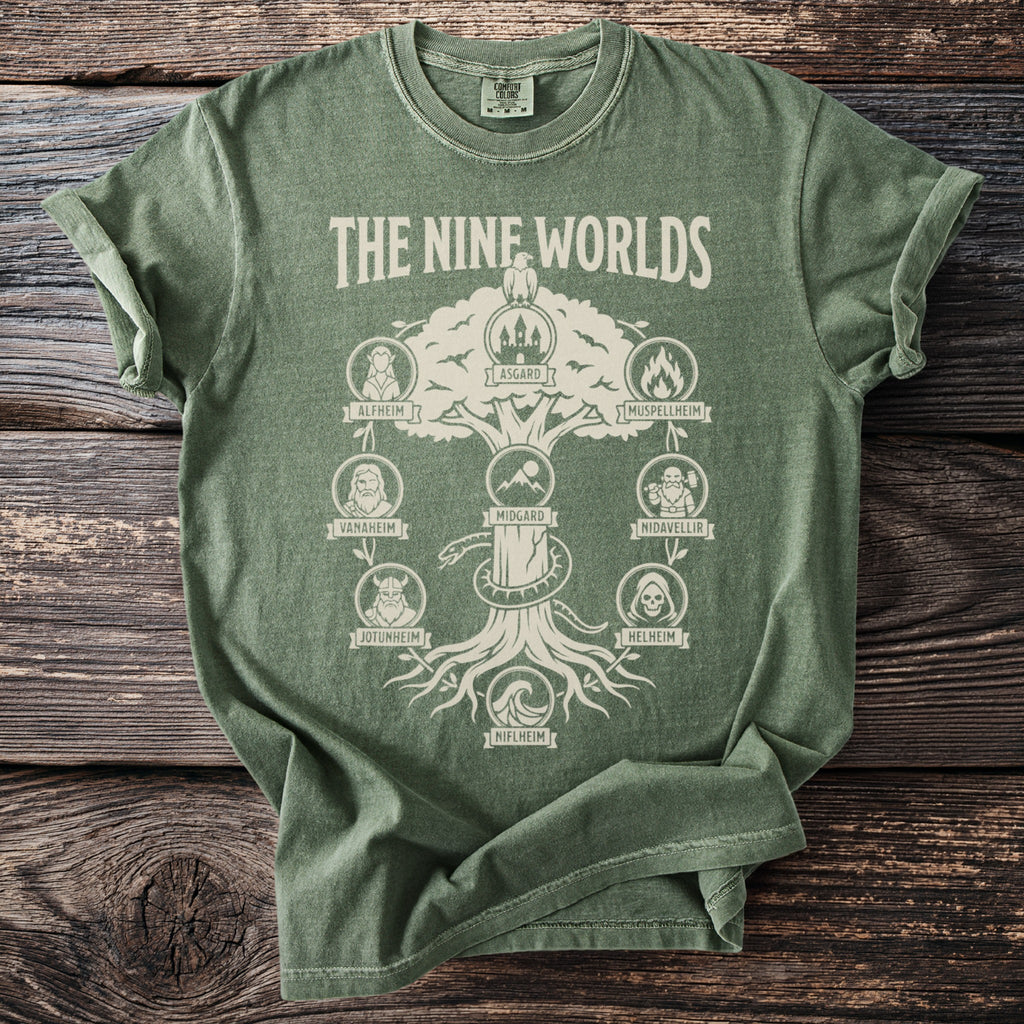 Green t-shirt featuring a graphic of "The Nine Worlds" tree with illustrated realms and names.