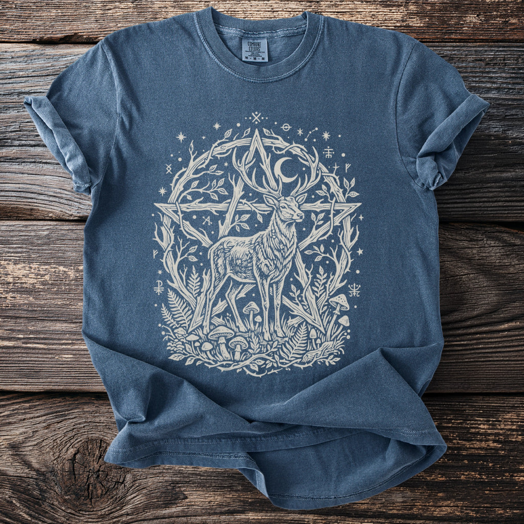 Blue t-shirt with white print of a stag within a pentagram and organic elements.