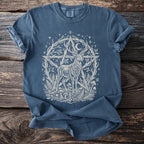 Blue t-shirt with white print of a stag within a pentagram and organic elements.