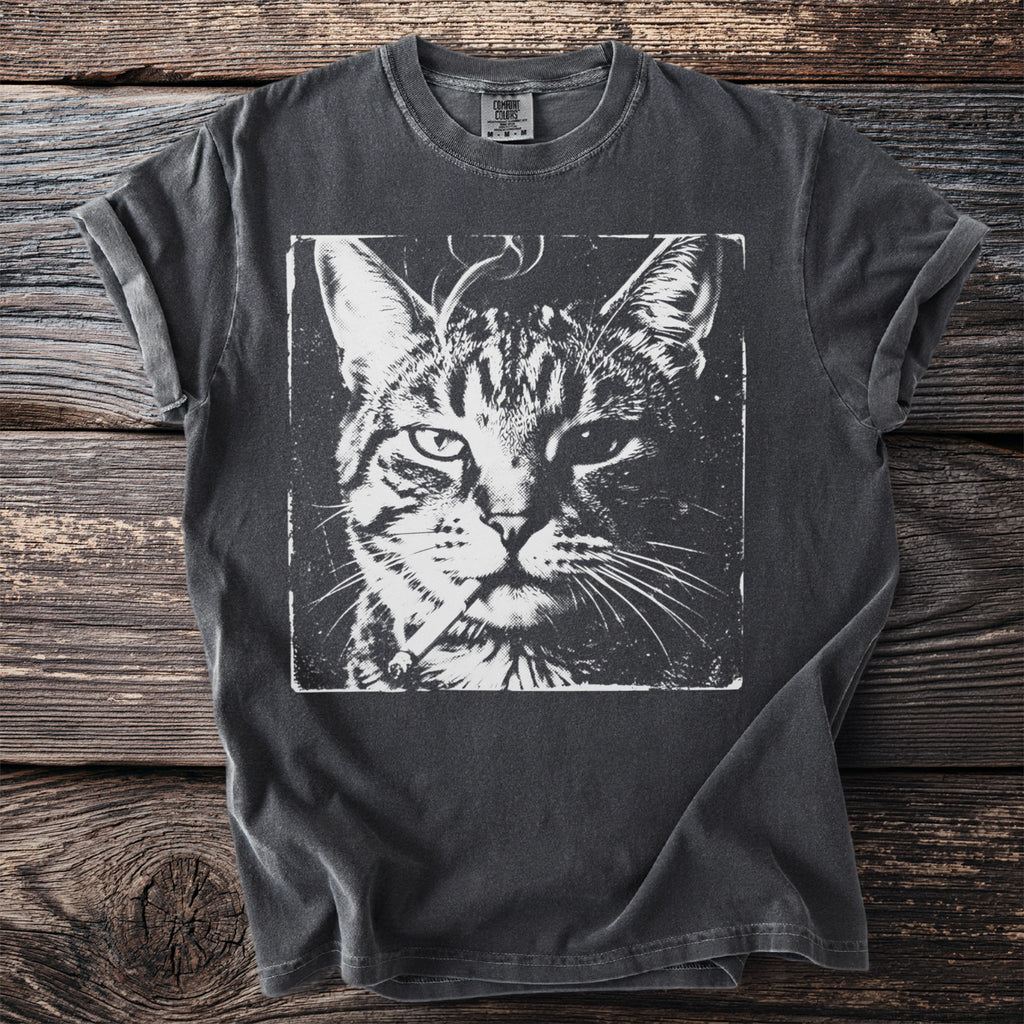 Dark grey t-shirt featuring a black and white graphic of a cat smoking a cigarette.