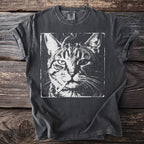 Dark grey t-shirt featuring a black and white graphic of a cat smoking a cigarette.