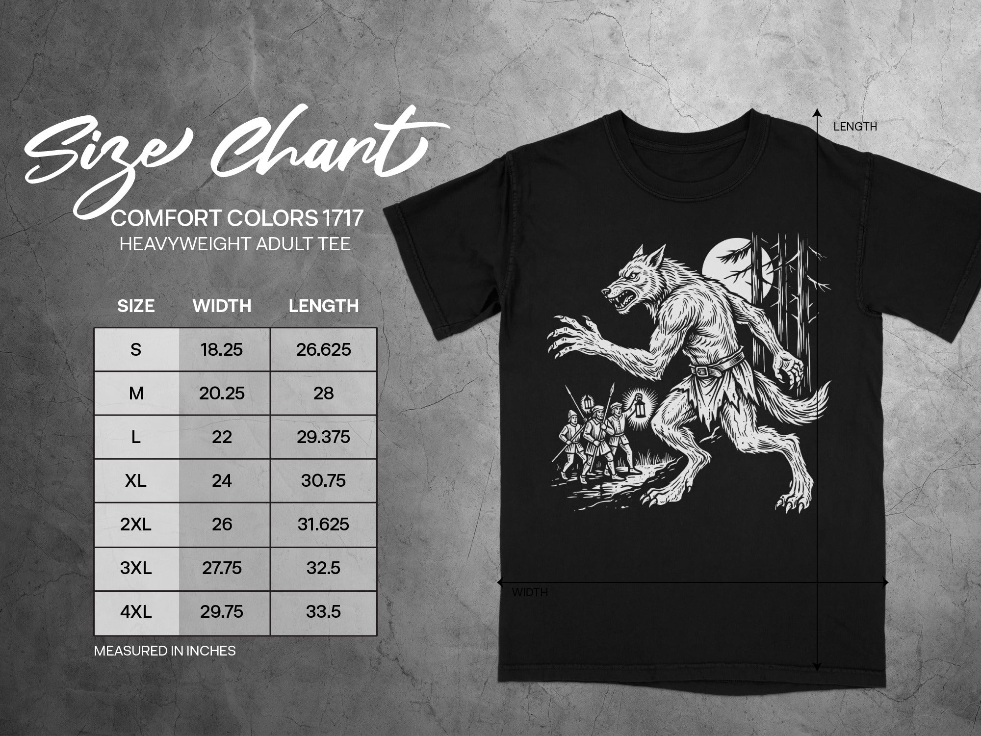 Comfort Colors 1717 heavyweight adult tee size chart with werewolf and torch-bearing figures graphic.