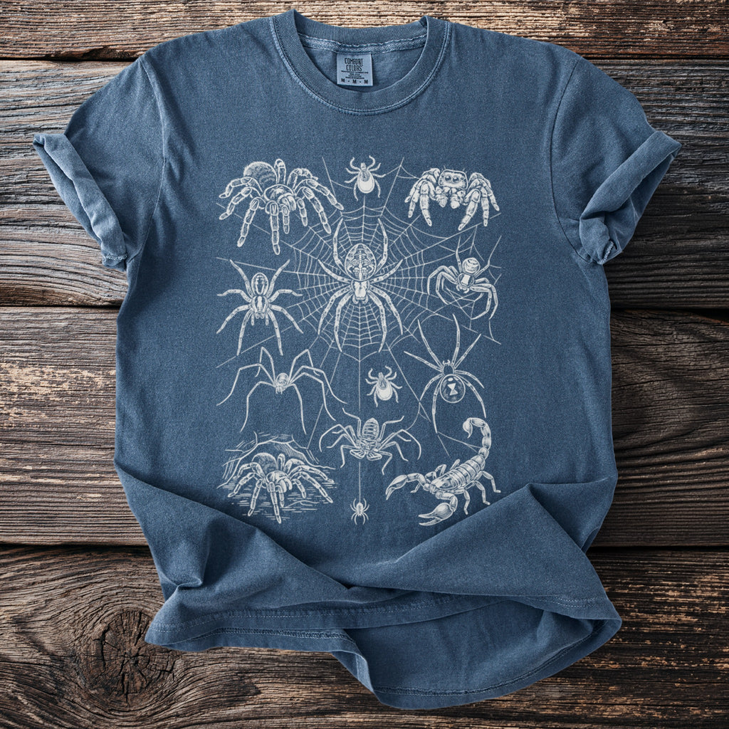 Blue t-shirt with white line drawing of various spiders and a scorpion on a spiderweb.