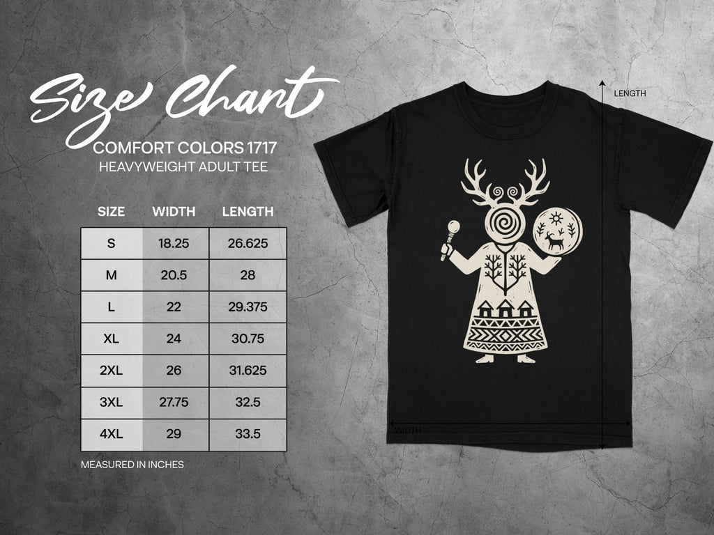 Comfort Colors 1717 heavyweight adult tee size chart with width and length measurements.