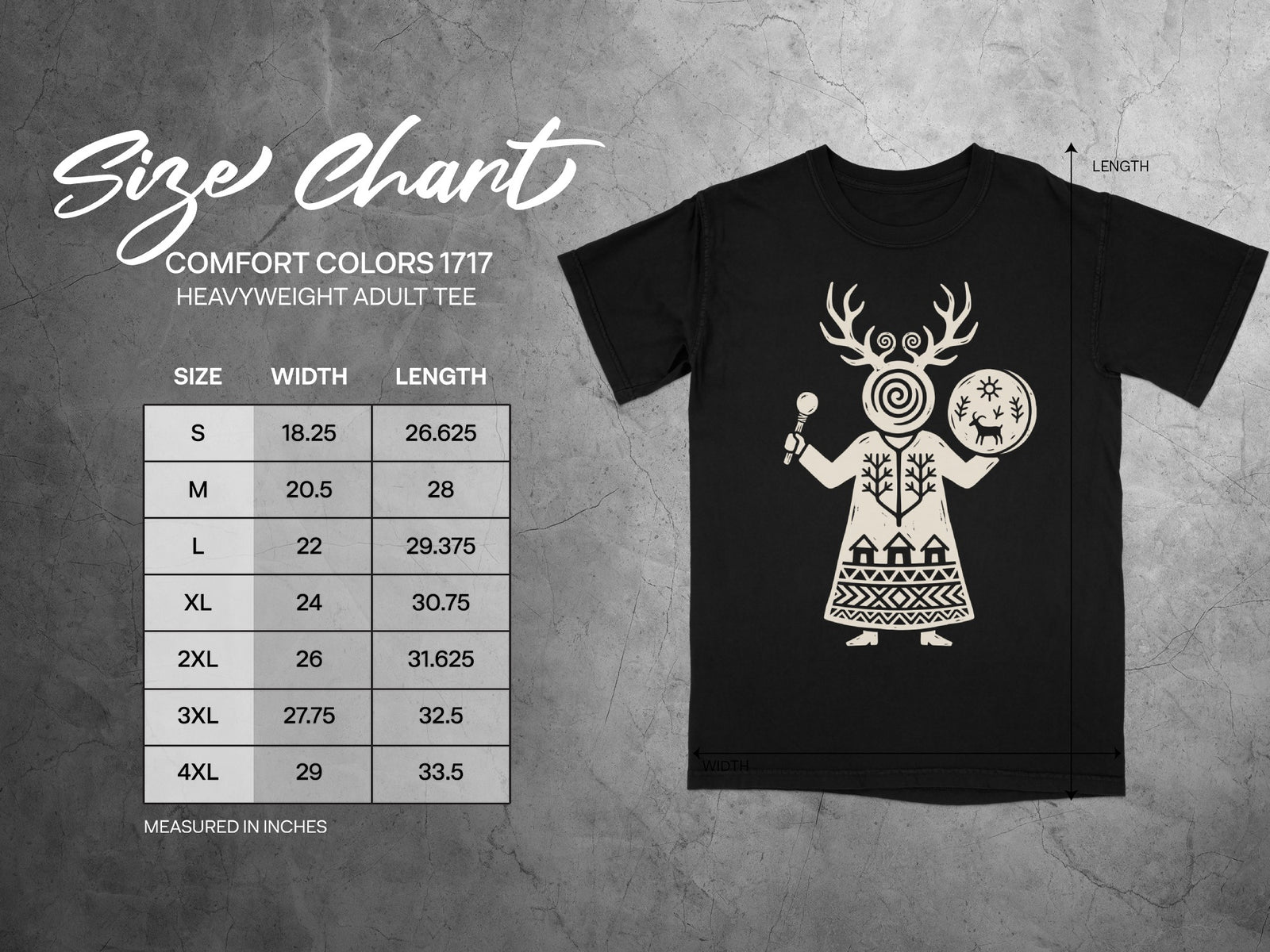Comfort Colors 1717 heavyweight adult tee size chart with width and length measurements.