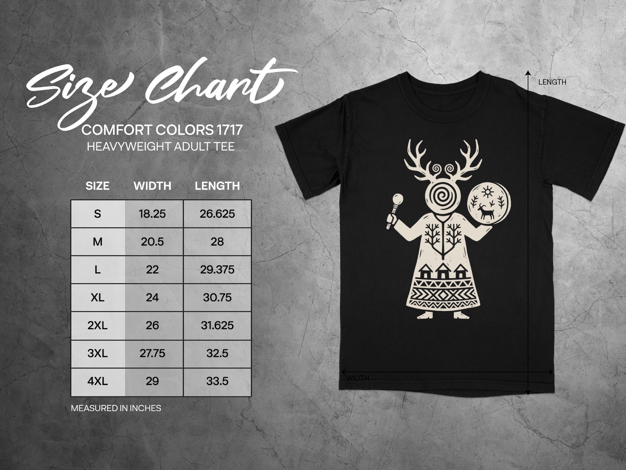 Comfort Colors 1717 heavyweight adult tee size chart with width and length measurements.