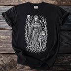 Black t-shirt with white graphic of a crowned woman with skull details, wolf, crow, and staff with skull.