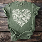 Green t-shirt with a white bat-filled heart graphic and Comfort Colors tag.