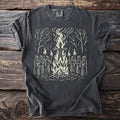 T-shirt with a graphic of robed figures holding torches around a bonfire with a straw figure.