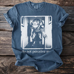 Blue t-shirt with werewolf illustration and "do not perceive me" text.
