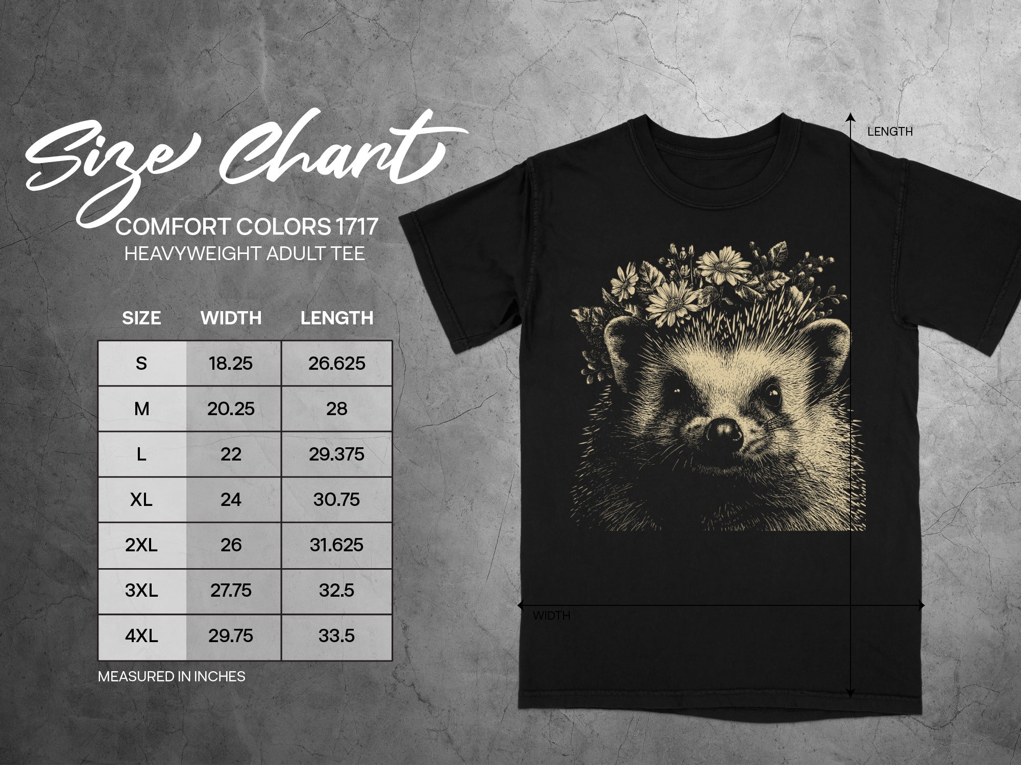 Comfort Colors 1717 Heavyweight Adult Tee size chart with hedgehog graphic.