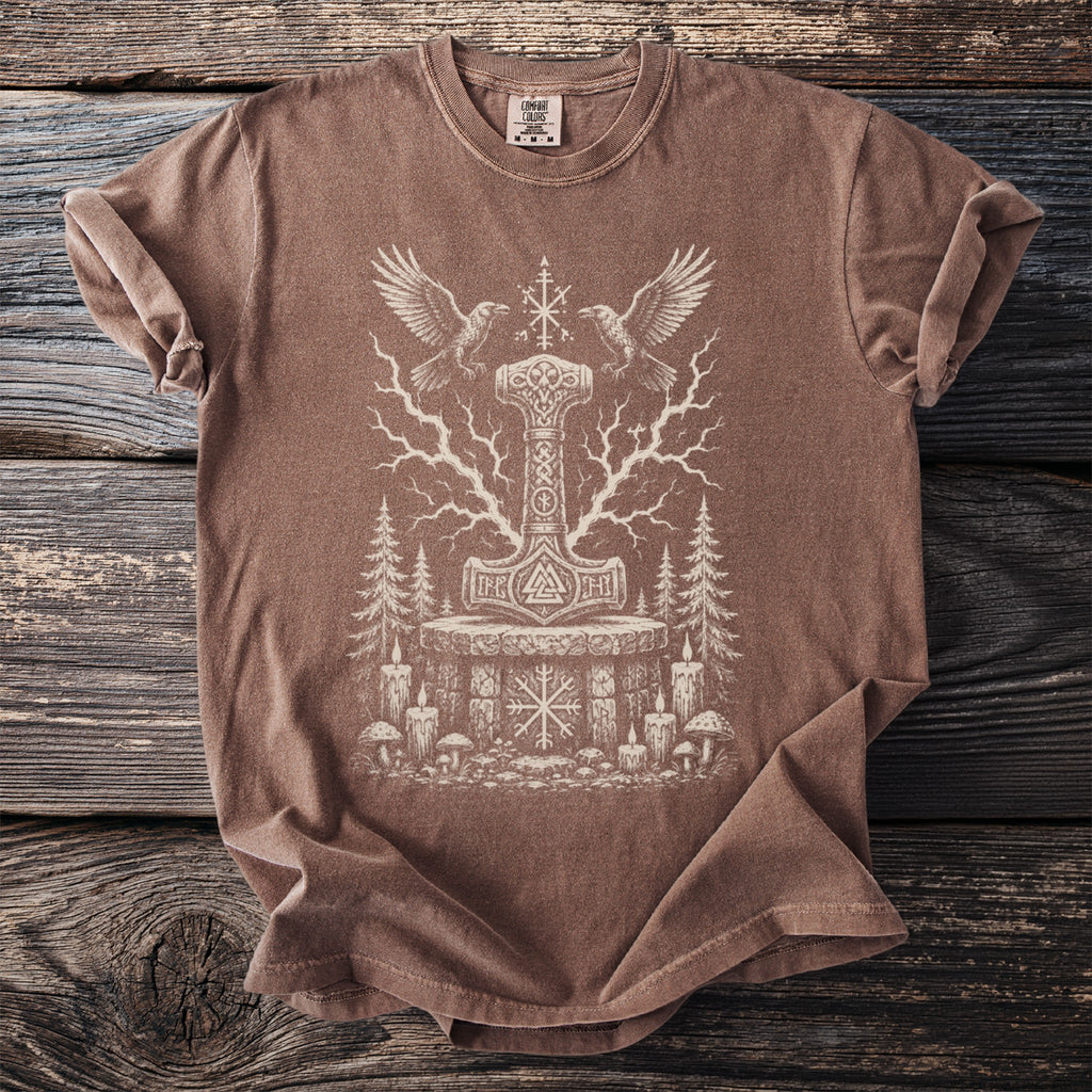 Brown t-shirt with Thor's Hammer, ravens, and a runic circle design.