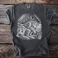 Wolf sleeping under plaid blanket in attic with moon and lantern.